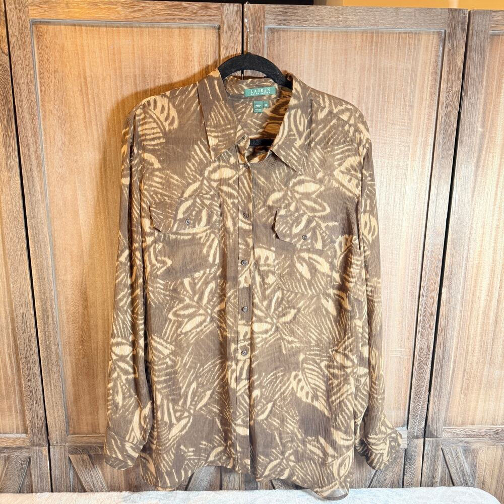 Lauren Ralph Lauren 100% Silk Blouse Womens 16W Brown Floral Button Front Top